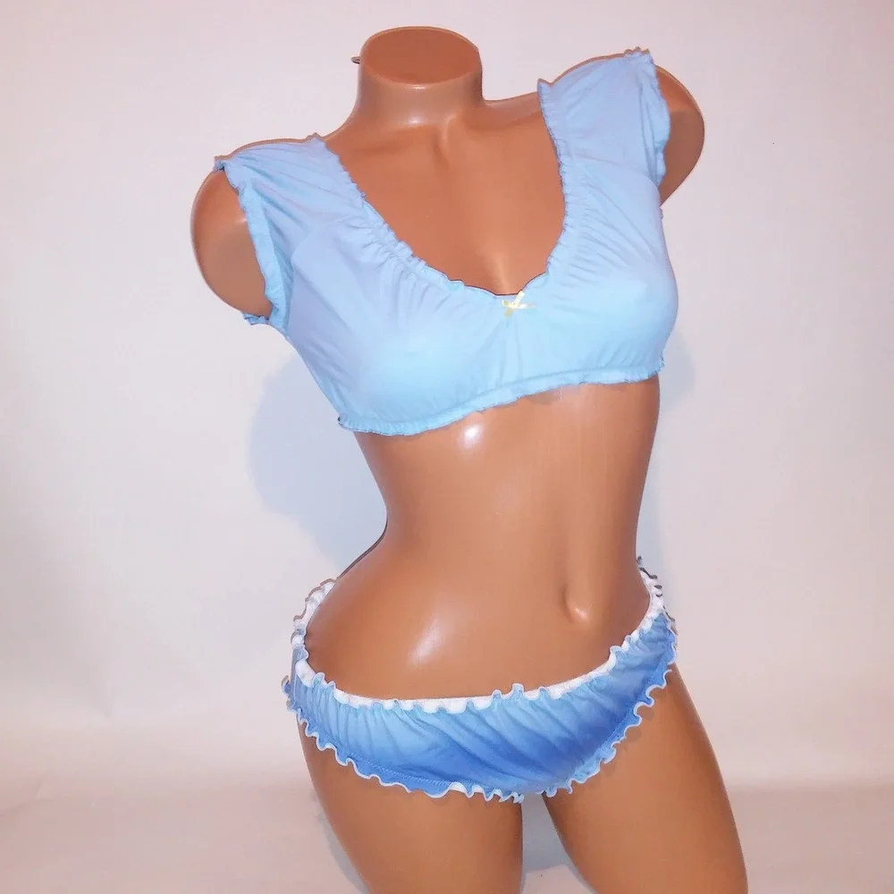 Victoria Secret Swim Bikini Medium Top Large Bottom Ruffle Blue Scrunch Wireless